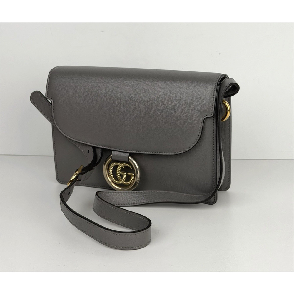 Gucci GG Ring Shoulder Bag Small Light Grey Smooth Leather Interlocking S18